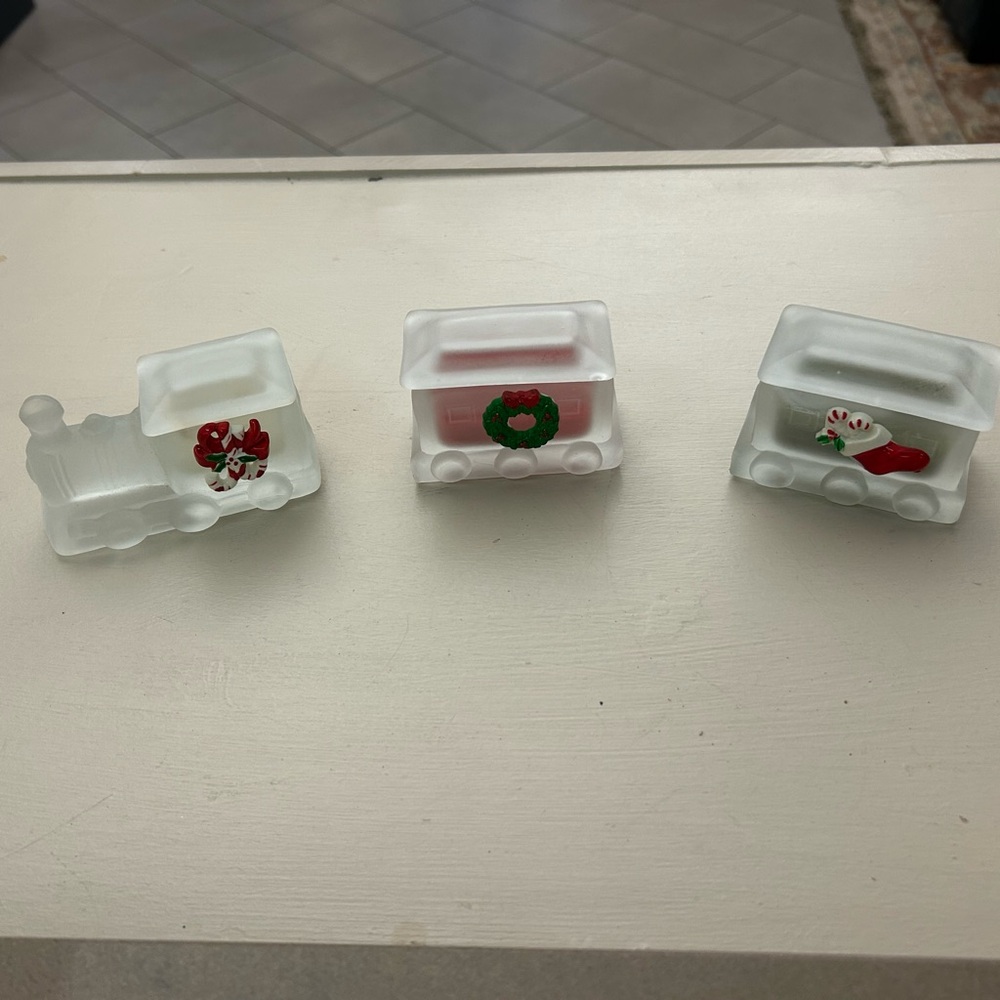 Vintage Christmas Frosted Glass Holiday Train Set candles-one very small chip